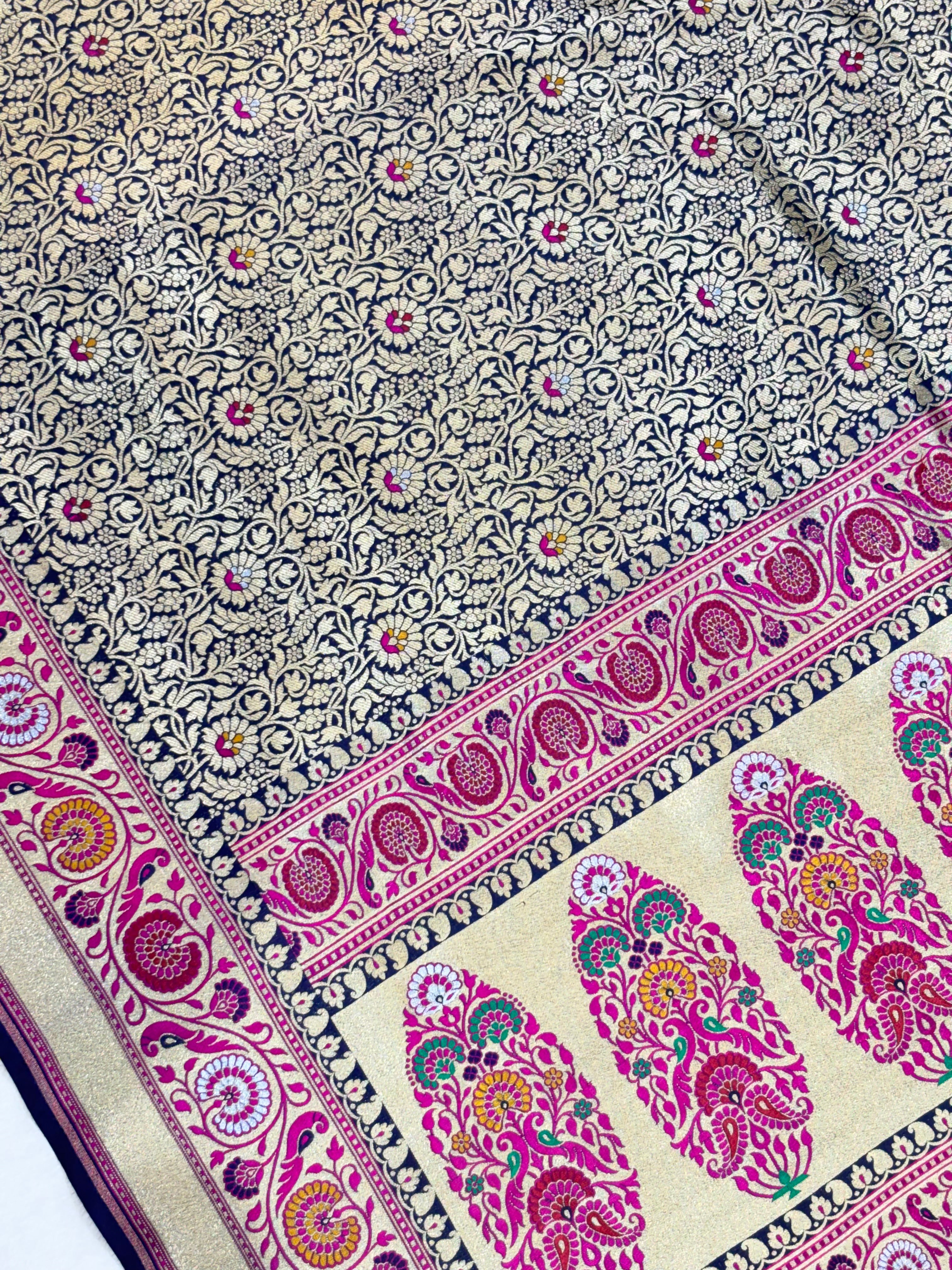 Neavy Blue Pure Banarasi Bridal Tanchoi Handloom Saree