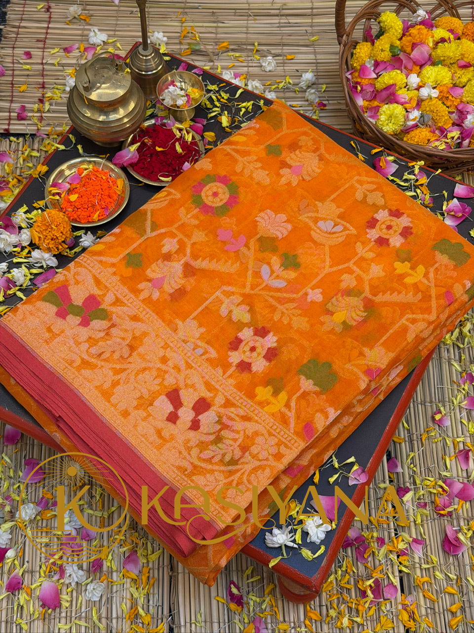 Handwoven Kora Jamdani Silk Saree – Orange with Floral Zari Border