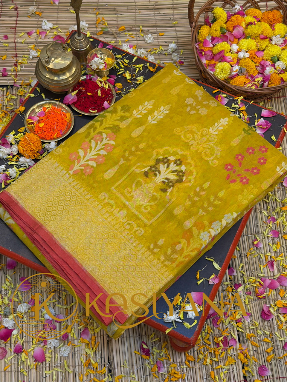 Handwoven Kora Jamdani Silk Saree – Mustard Gold with Floral Zari Border