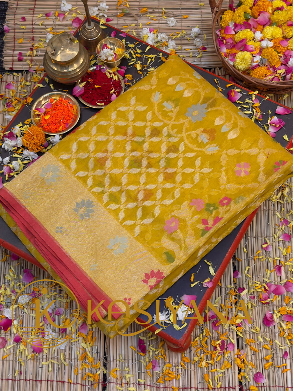Handwoven Kora Jamdani Silk Saree – Mustard Gold with Floral Zari Border