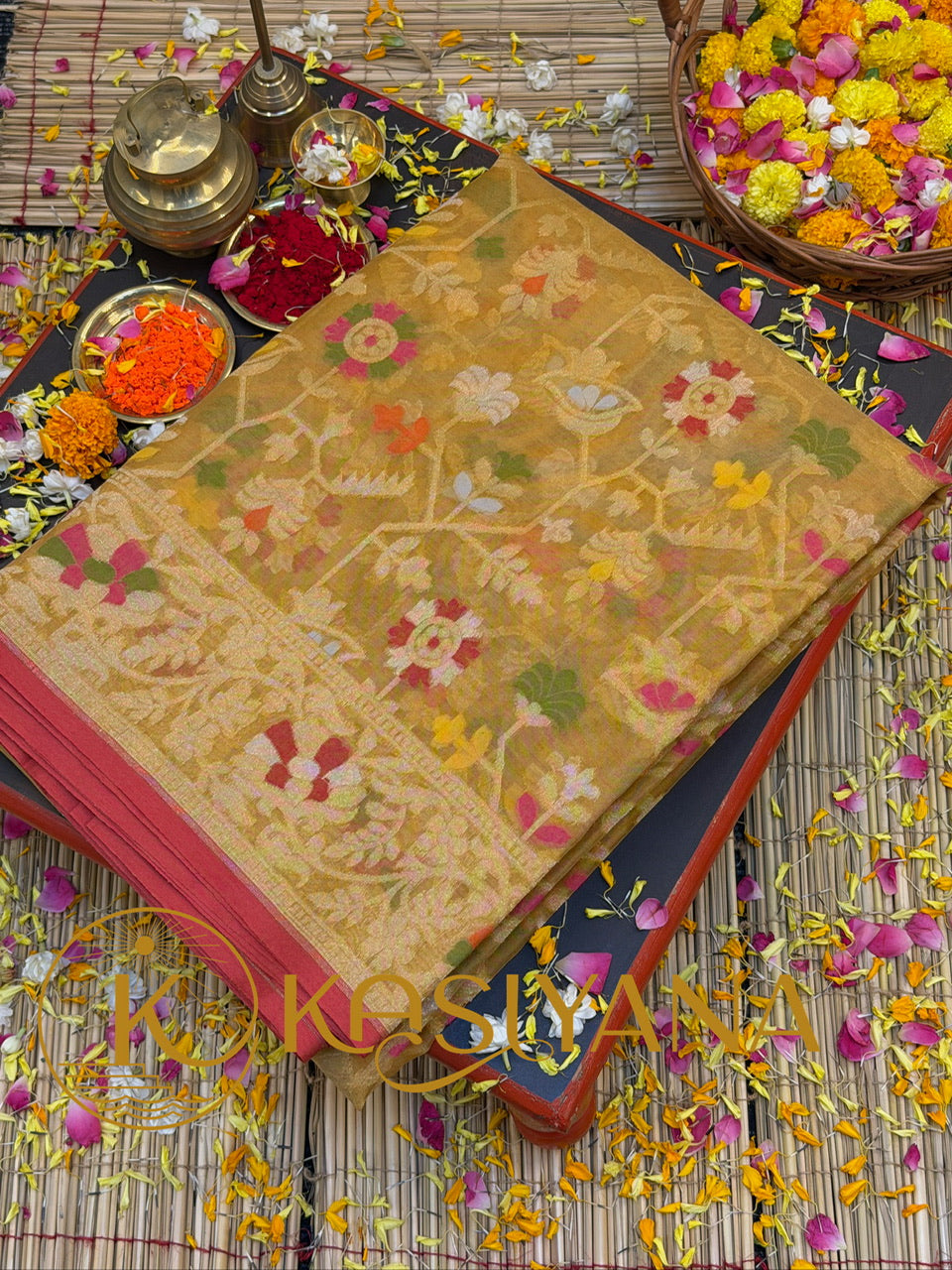 Handwoven Kora Jamdani Silk Saree – Mustard Gold with Floral Zari Border