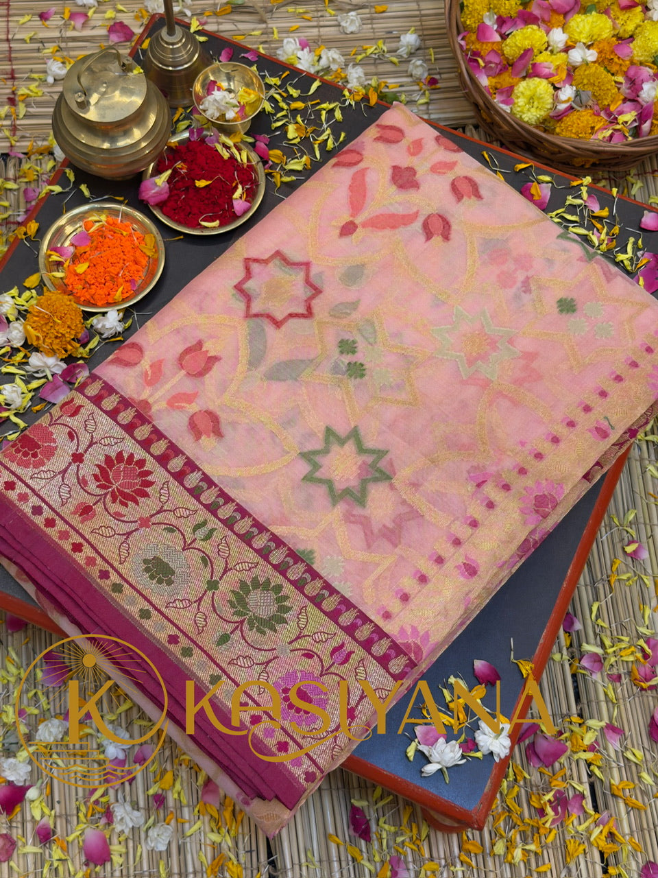 Handwoven Kora Jamdani Silk Saree – Powder Pink with Contrast Floral Zari Border