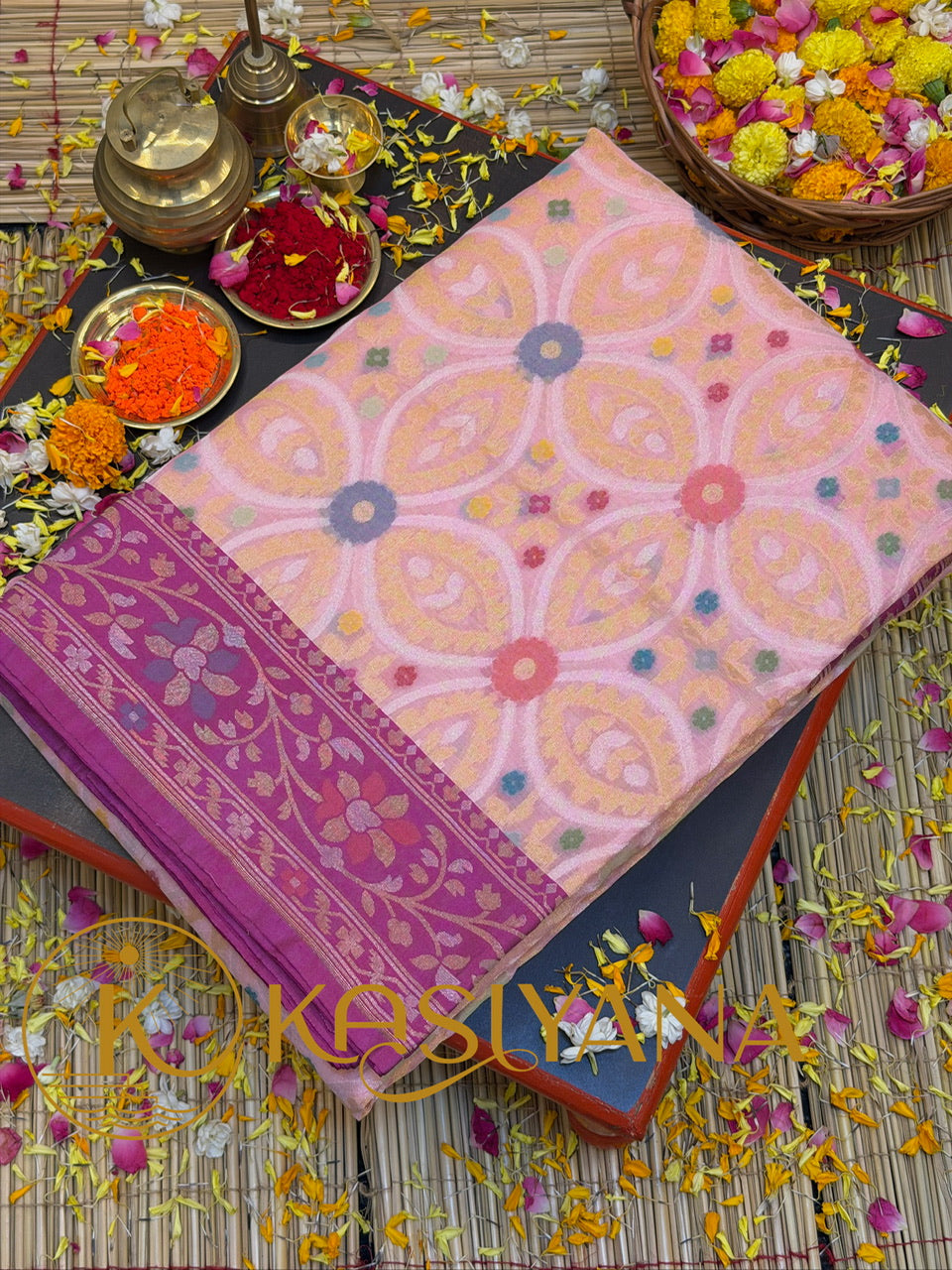 Handwoven Kora Jamdani Silk Saree – Powder Pink with Contrast Floral Zari Border
