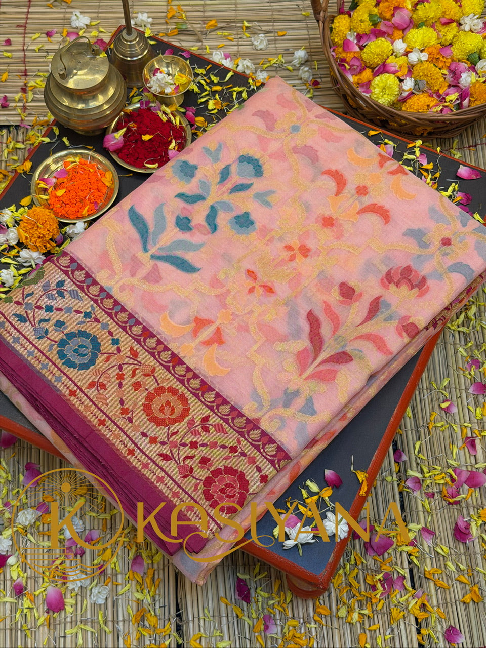 Handwoven Kora Jamdani Silk Saree – Powder Pink with Contrast Floral Zari Border