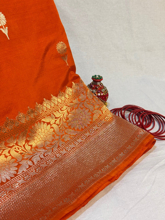 Orange Banarasi Pure Soft Silk Saree