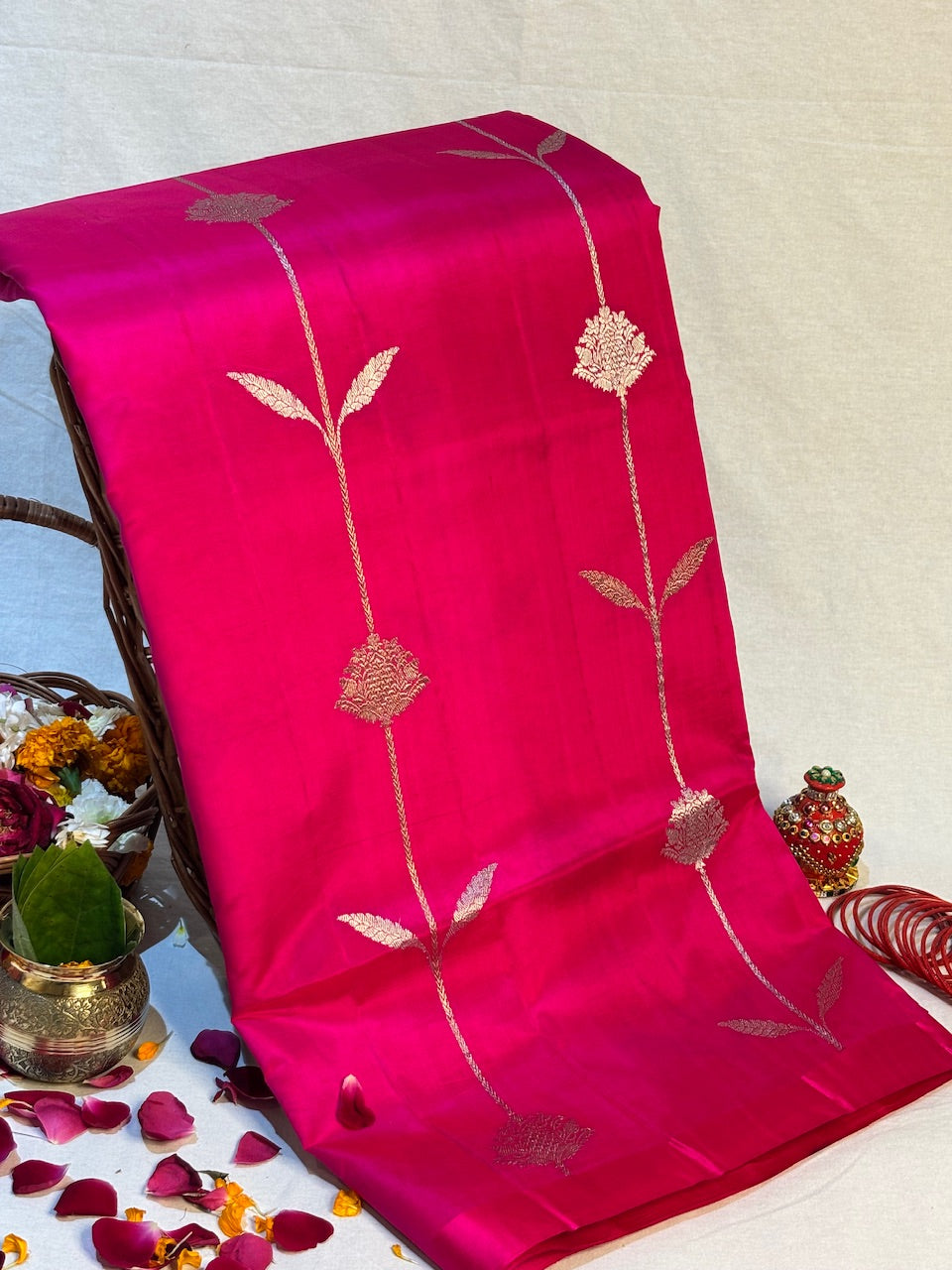 Hot Pink Banarasi Pure Soft Silk Saree