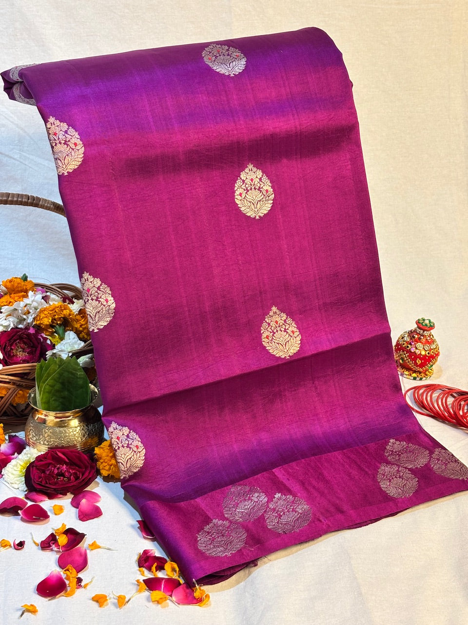 Plum Magenta Banarasi Pure Soft Silk Saree