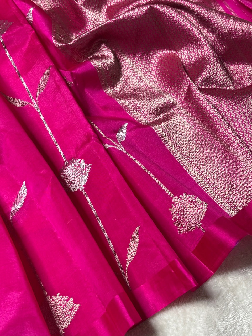 Hot Pink Banarasi Pure Soft Silk Saree