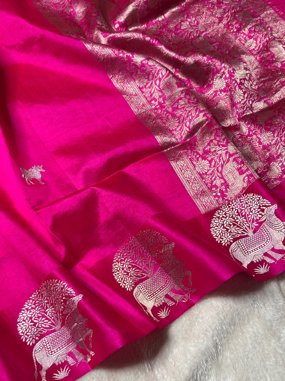 Hot Pink Banarasi Pure Soft Silk Saree