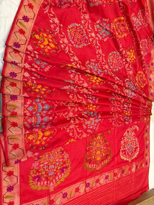 Red Realsilver with Gold Plated Silk Jamdani Mina Saree