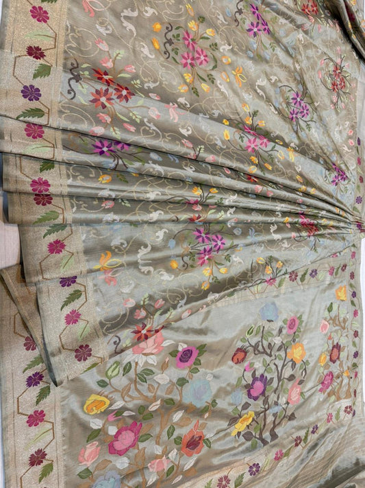 Grey Realsilver with Gold Plated Silk Jamdani Mina Saree