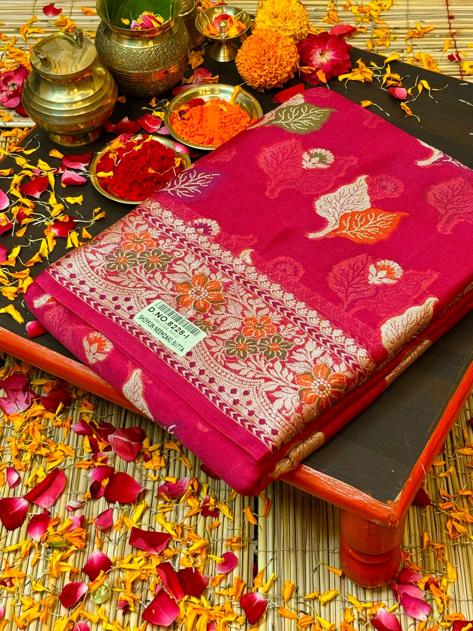 Pure Chiffon Silk Saree Rani Pink in with Zari Border | Handcrafted Elegant Party Wear
