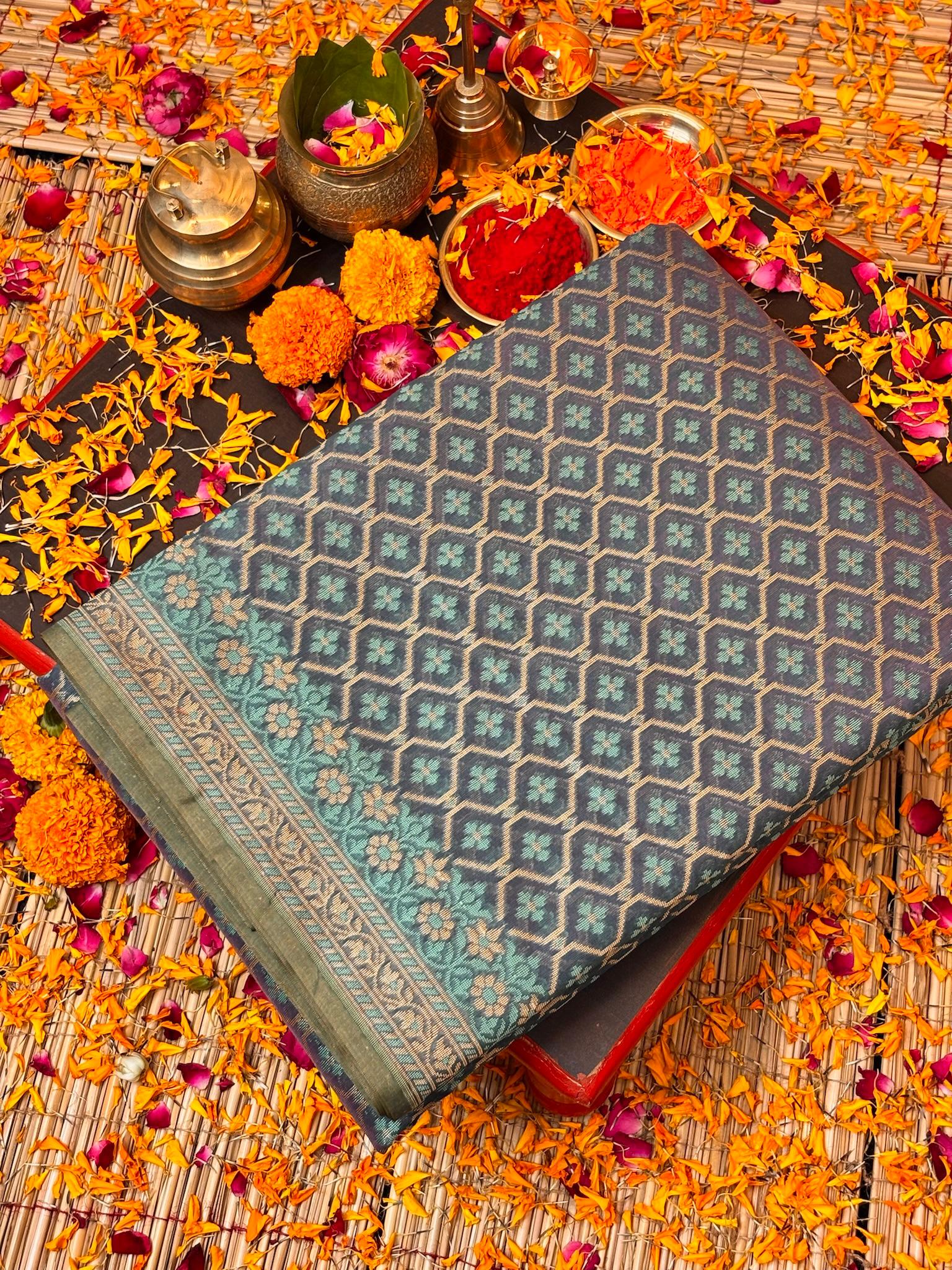 Pure Cotton Silk Saree in Teal Blue with Floral Buti & Elegant Border
