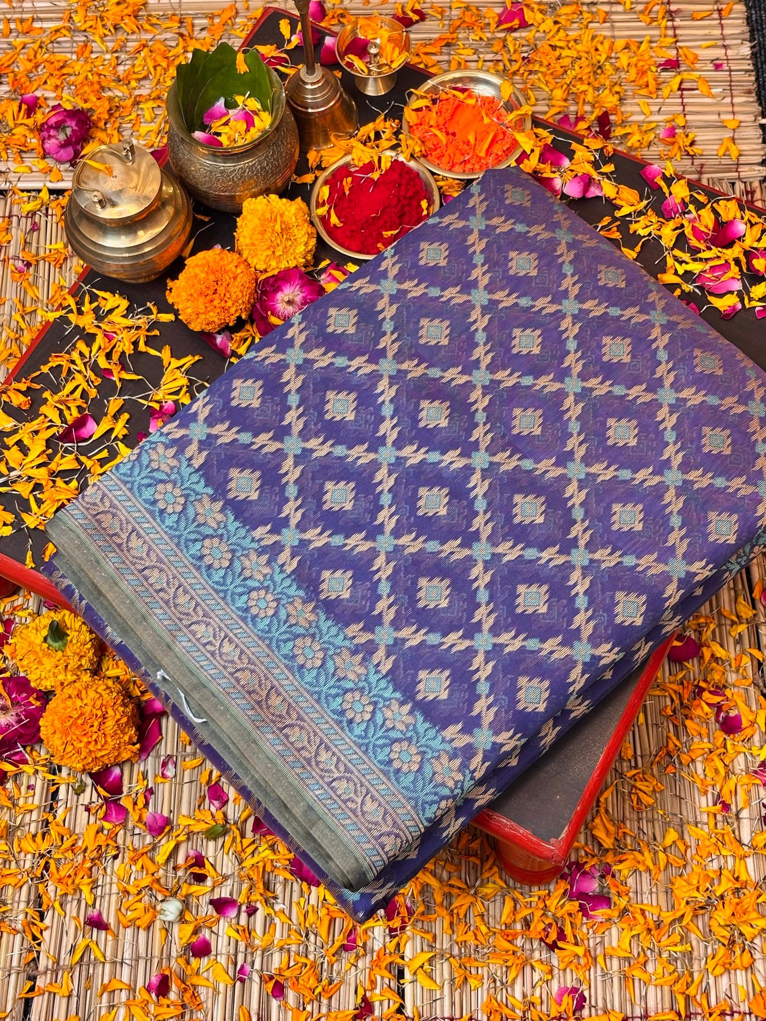 Pure Cotton Silk Saree in Soft Regal Blue Tone with Floral Buti & Elegant Border