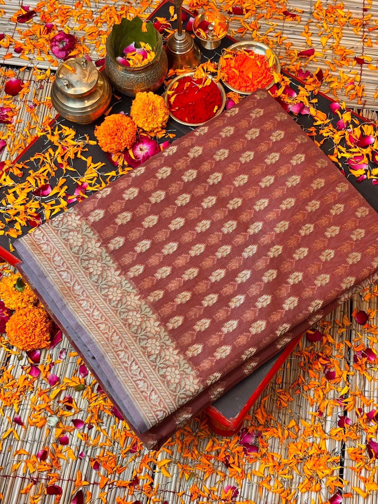 Pure Cotton Silk Saree in Rust Brown with Floral Buti & Elegant Border
