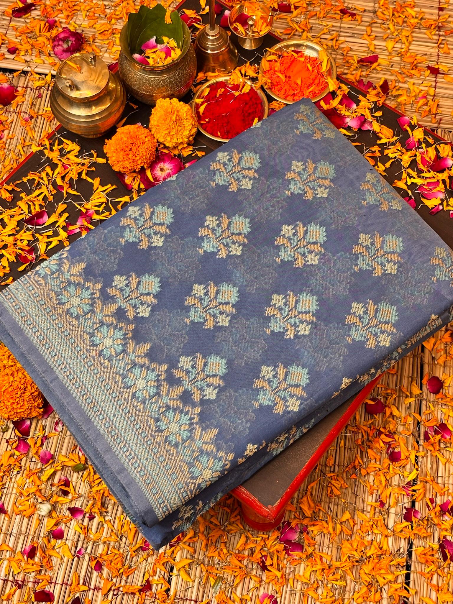 Pure Cotton Silk Saree in Soft Greyish Blue with Floral Buti & Elegant Border