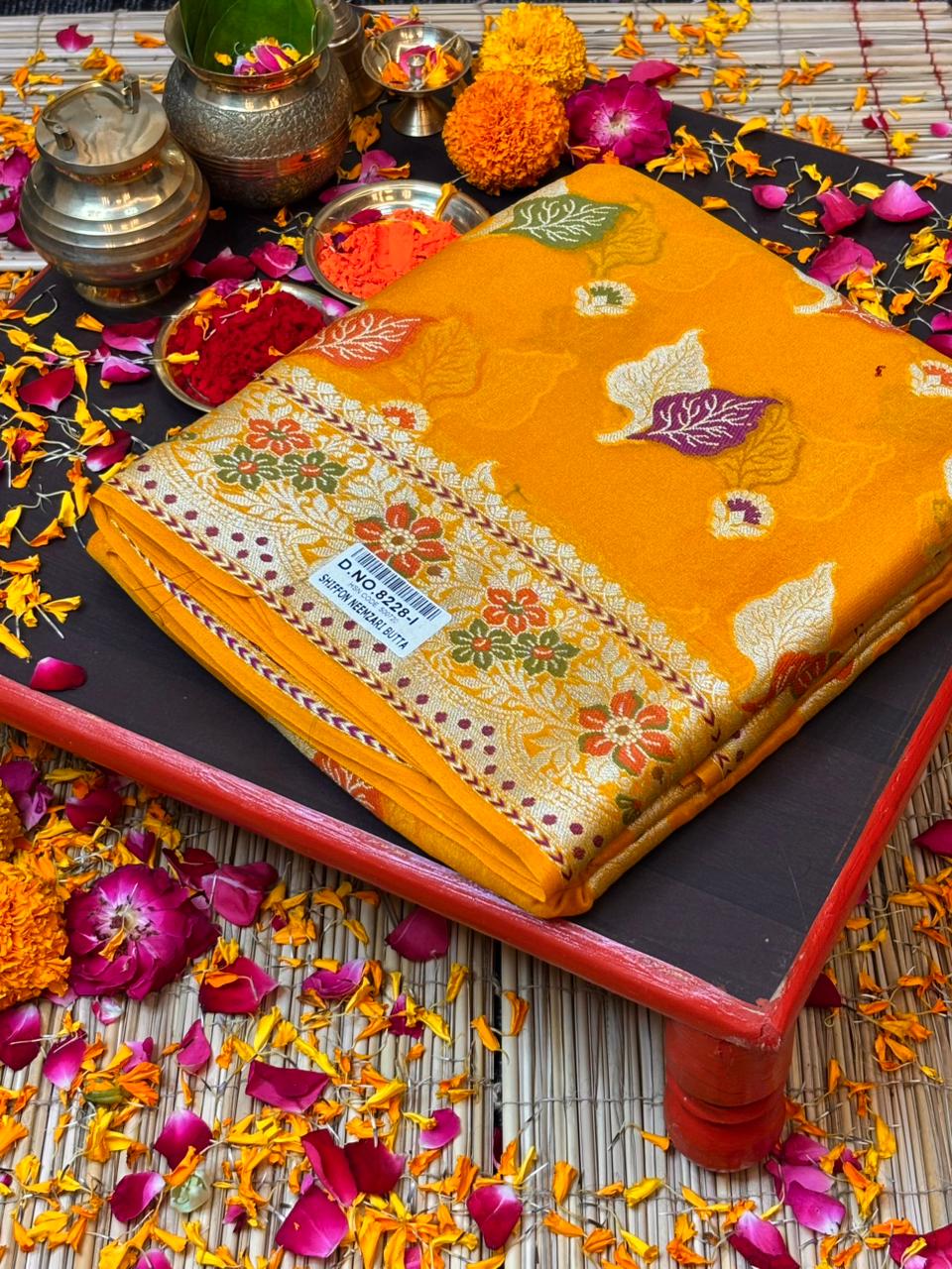 Pure Chiffon Silk Saree in Yellow with Zari Border | Handcrafted Elegant Party Wear
