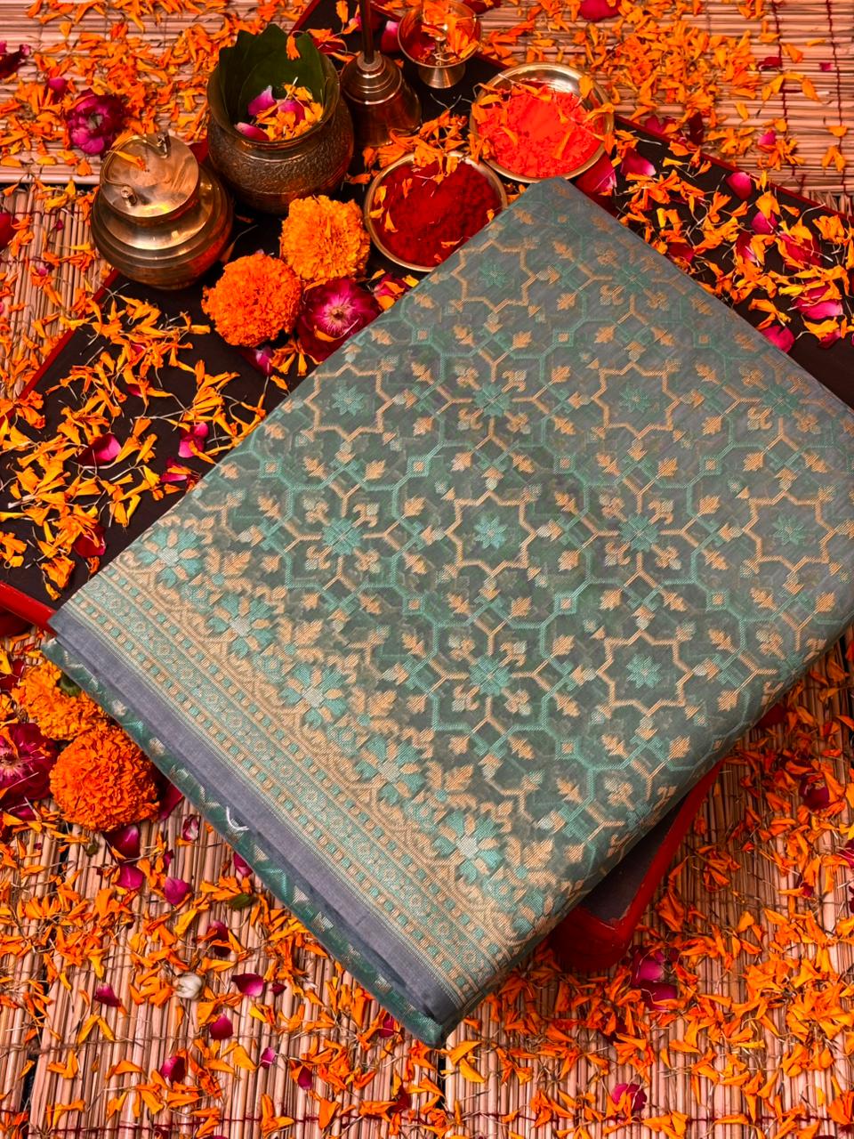 Pure Cotton Silk Saree in Sea Green with Floral Buti & Elegant Border