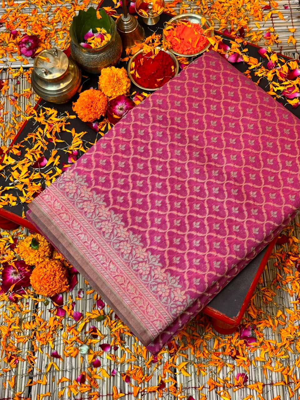 Pure Cotton Silk Saree in Rose Pink with Floral Buti & Elegant Border