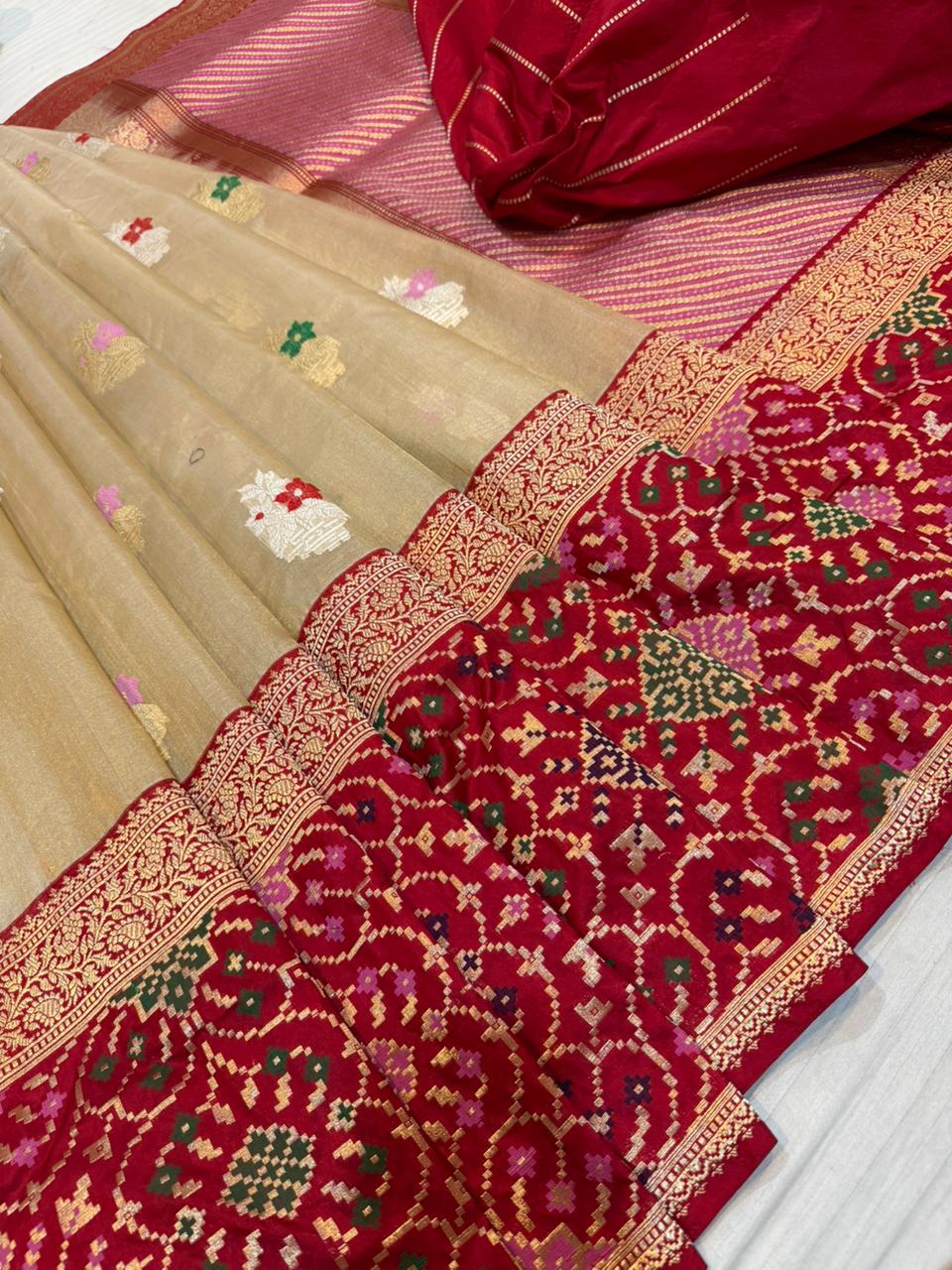 Ektara Kora Silk Tissue Kadhiyal Katan Patola Style Skirt with Kadhua Alfi Booti Saree
