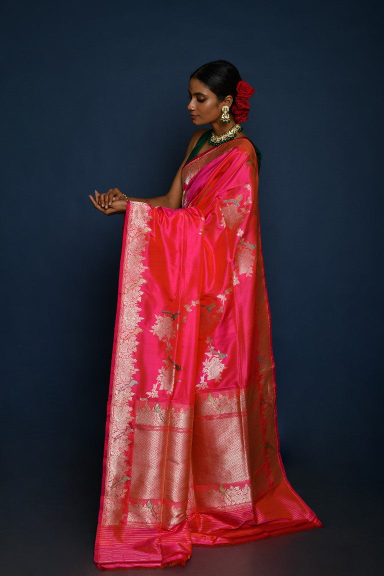 Banarasi Pure Handloom Shikargha Pink Saree