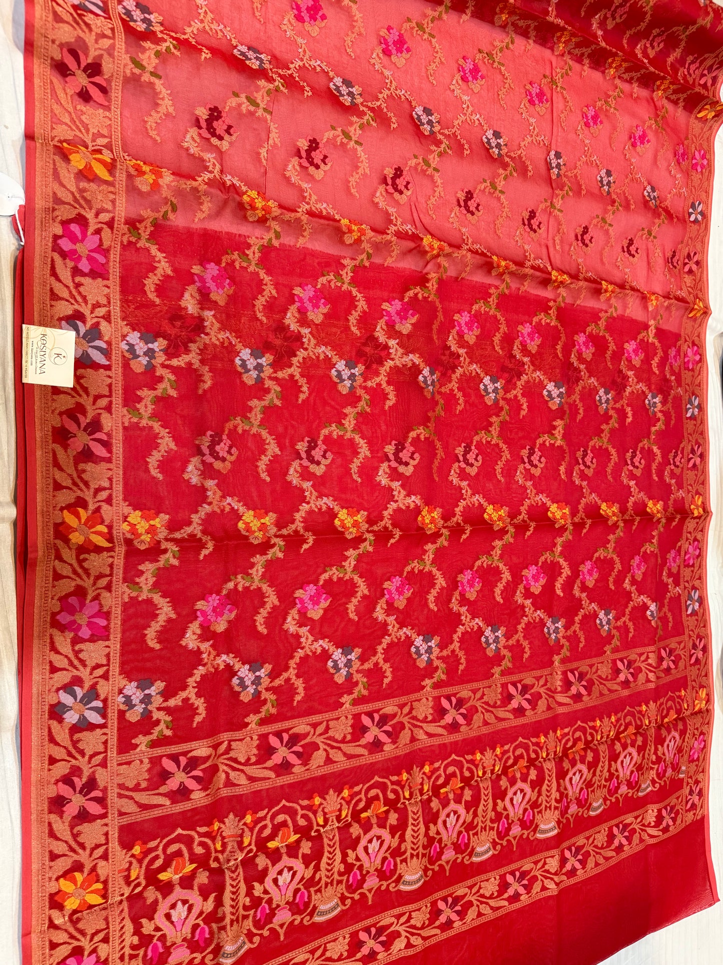 Red Ektra kora silk Jamdani katwork Zari Border Anchal Mina Work Saree