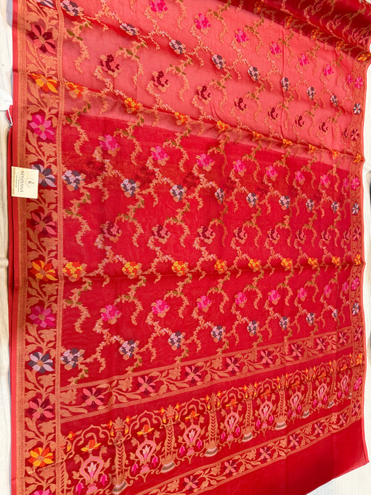 Red Ektra kora silk Jamdani katwork Zari Border Anchal Mina Work Saree