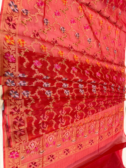 Red Ektra kora silk Jamdani katwork Zari Border Anchal Mina Work Saree