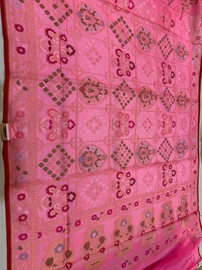 Pink Ektra kora silk Jamdani katwork Zari Border Anchal Mina Work Saree