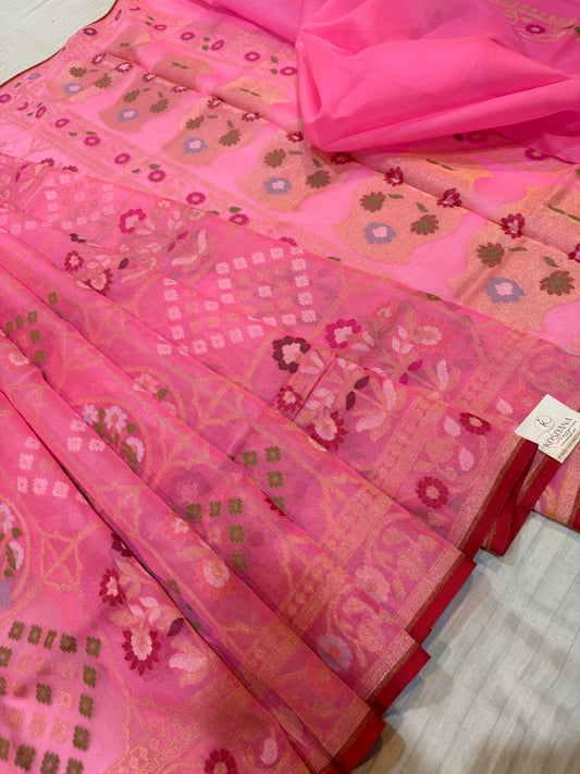 Pink Ektra kora silk Jamdani katwork Zari Border Anchal Mina Work Saree