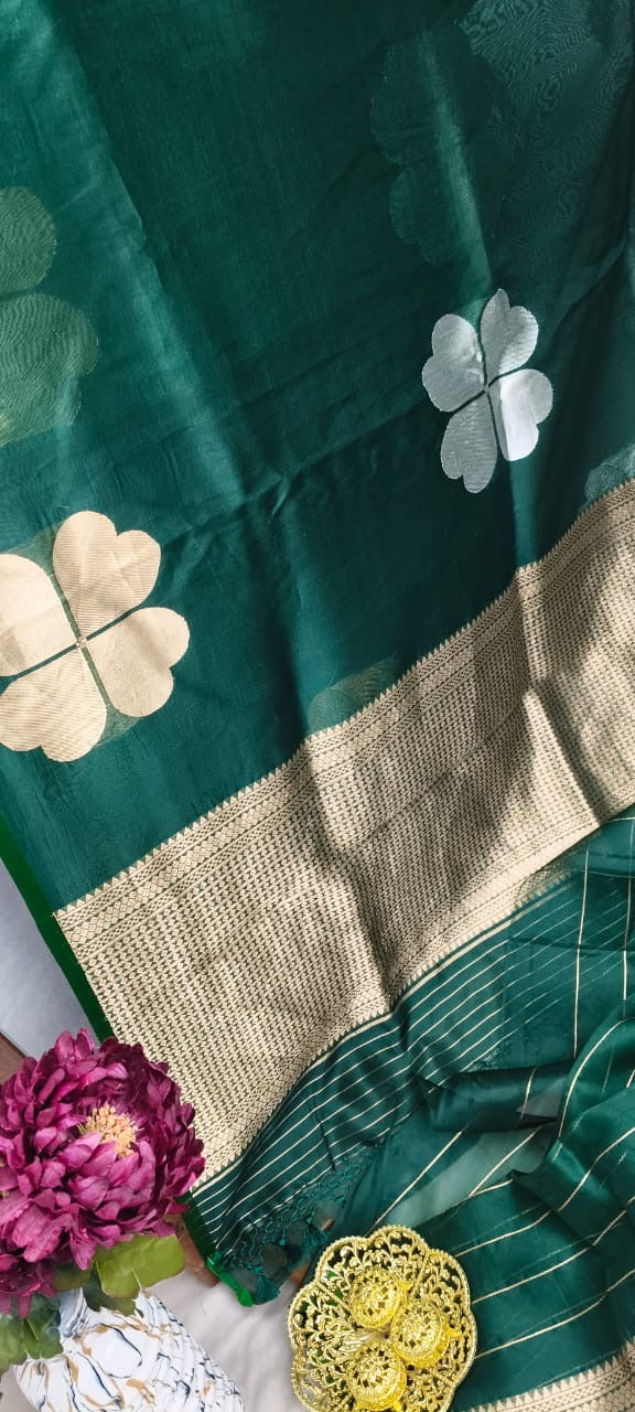 Bottal Green Kora Silk Kadhua Polka Dot Boota with Sona Rupa zari