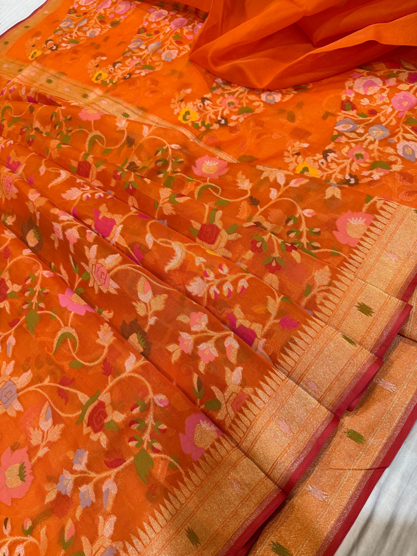 Orange Ektra kora silk Jamdani katwork Zari Border Anchal Mina Work Saree
