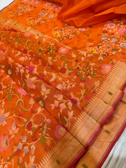 Orange Ektra kora silk Jamdani katwork Zari Border Anchal Mina Work Saree
