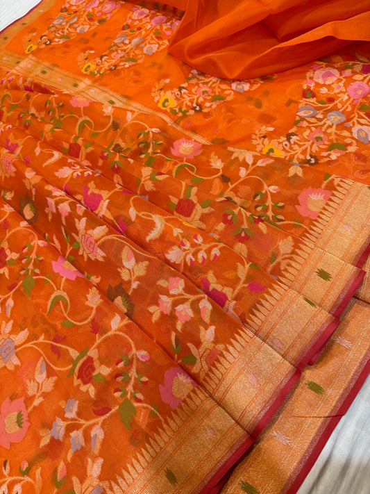Orange Ektra kora silk Jamdani katwork Zari Border Anchal Mina Work Saree