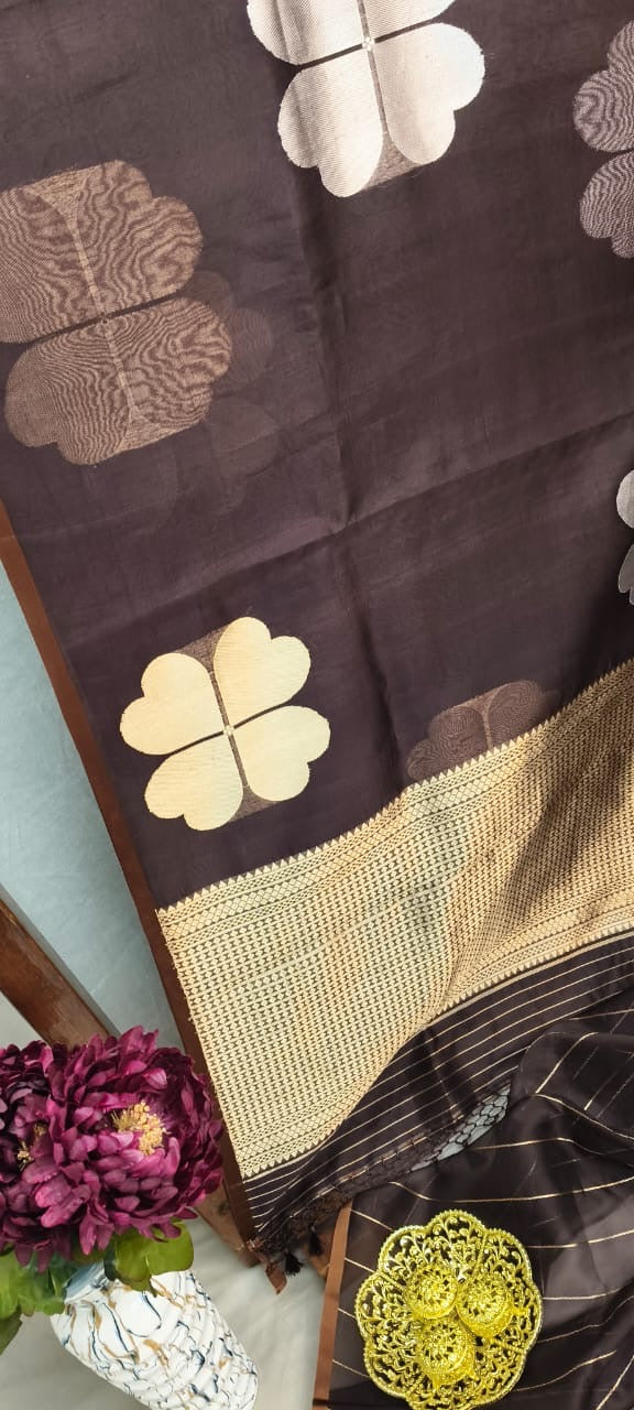 Coffee Brown Kora Silk Kadhua Polka Dot Boota with Sona Rupa zari saree