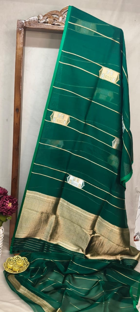 Bottal Green Kora Silk Kadhua Polka Peshwari strip with Sona Rupa zari