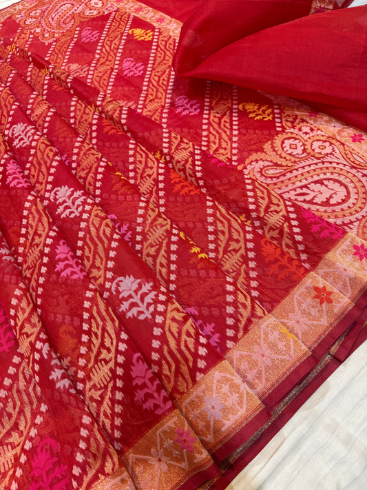 Red Ektra kora silk Jamdani katwork Zari Border Anchal Mina Work Saree