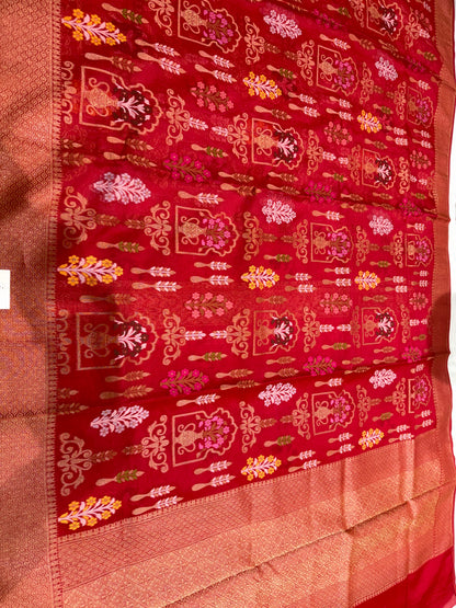Red Ektra kora silk Jamdani katwork Zari Border Anchal Mina Work Saree