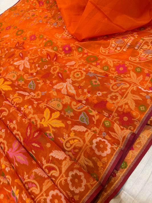 Orange Ektra kora silk Jamdani katwork Zari Border Anchal Mina Work Saree
