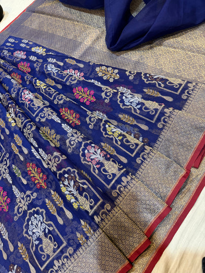 Blue Ektra kora silk Jamdani katwork Zari Border Anchal Mina Work Saree