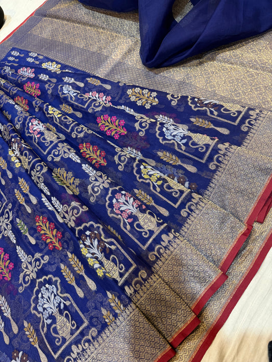 Blue Ektra kora silk Jamdani katwork Zari Border Anchal Mina Work Saree