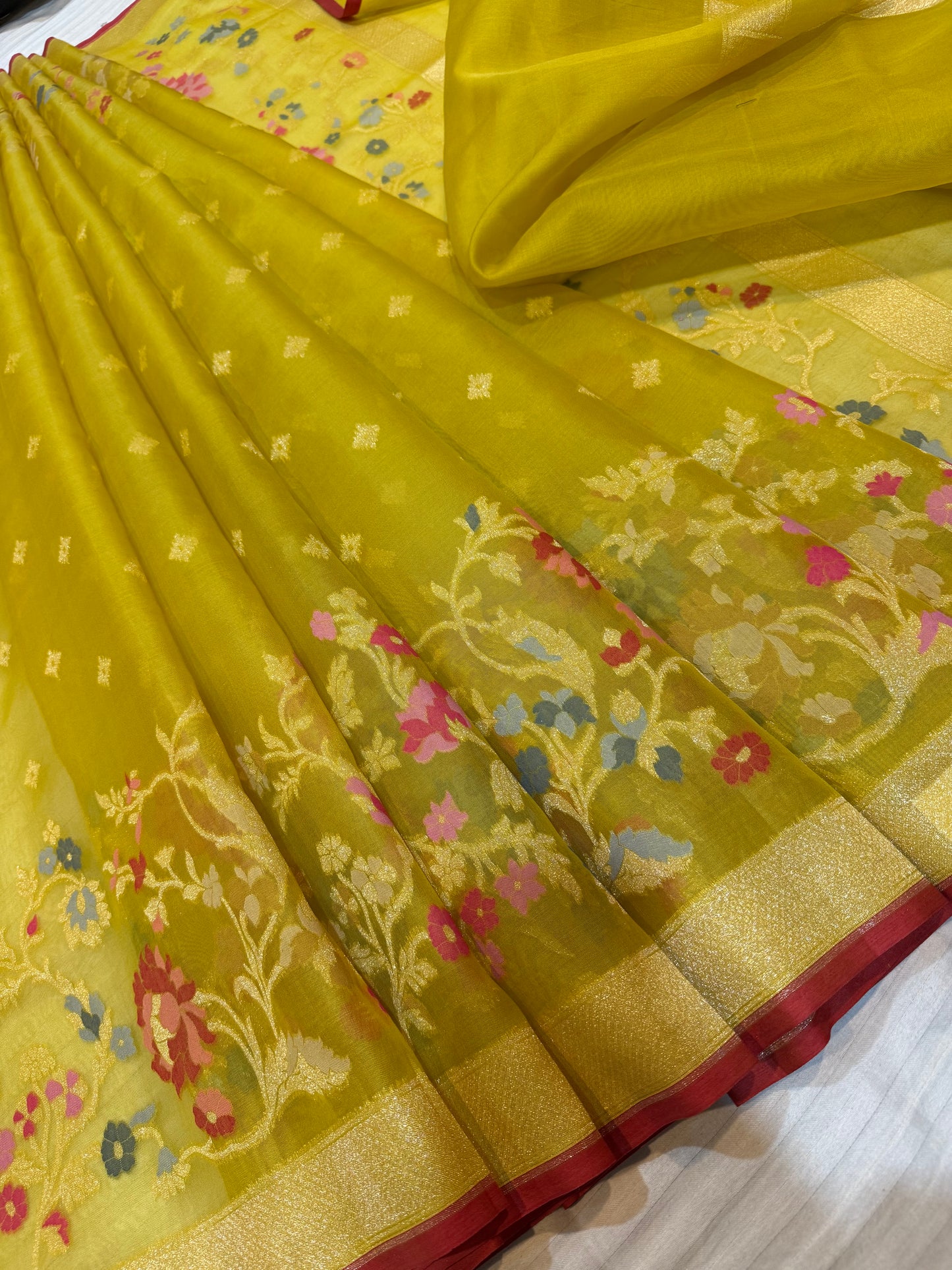 Musterd yellow Ektra kora silk Jamdani katwork Zari Border Anchal Mina Work Saree