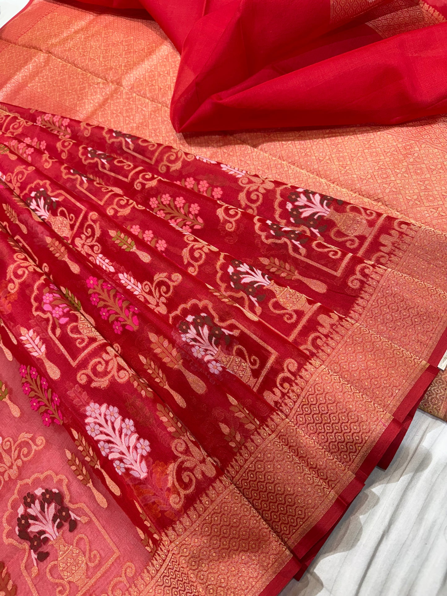 Red Ektra kora silk Jamdani katwork Zari Border Anchal Mina Work Saree