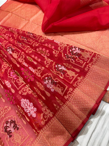 Red Ektra kora silk Jamdani katwork Zari Border Anchal Mina Work Saree