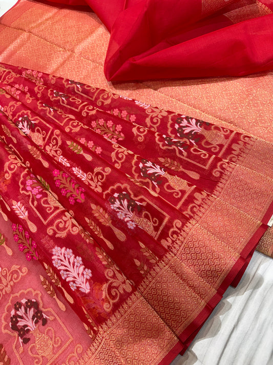 Red Ektra kora silk Jamdani katwork Zari Border Anchal Mina Work Saree