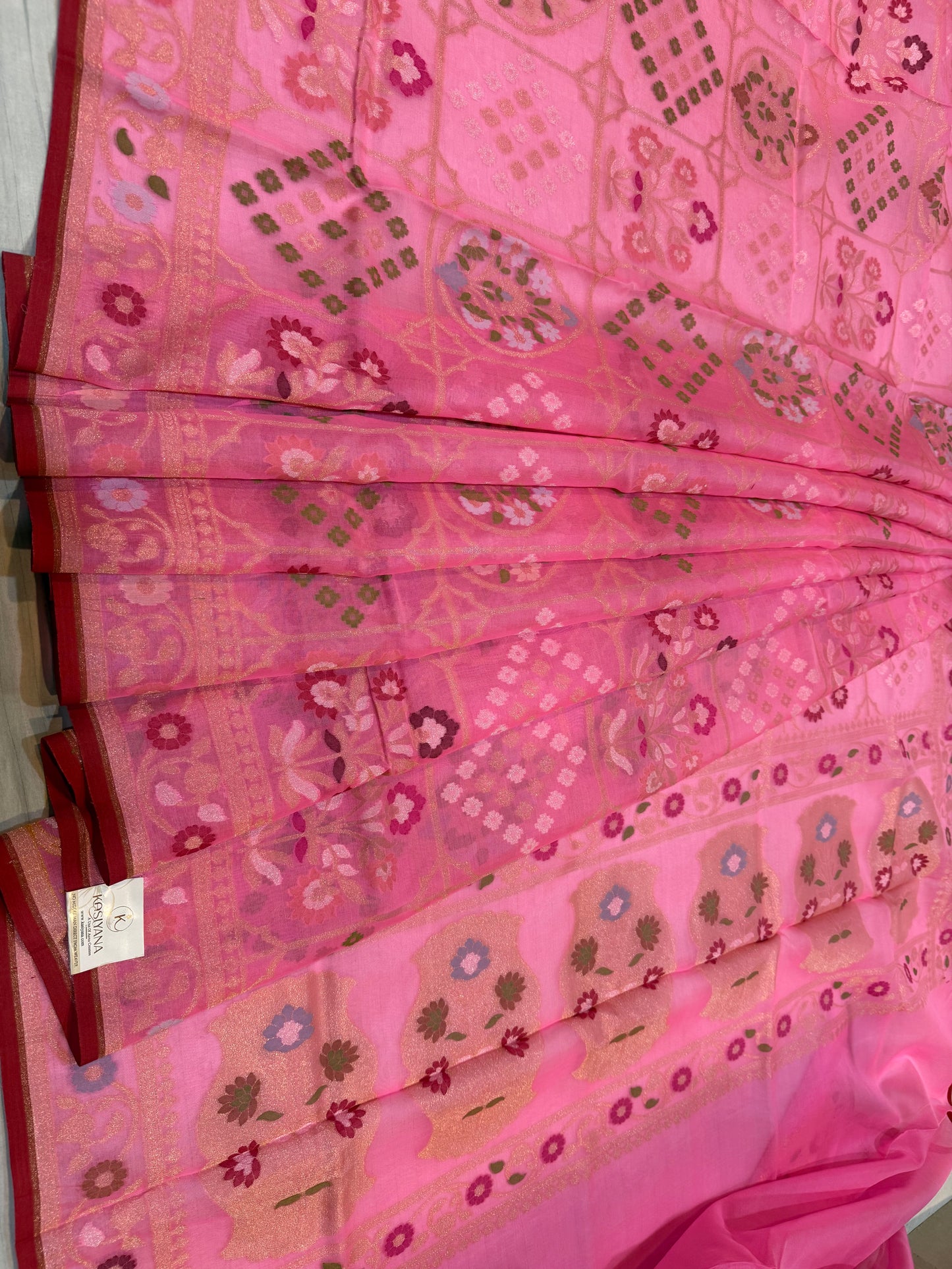 Pink Ektra kora silk Jamdani katwork Zari Border Anchal Mina Work Saree