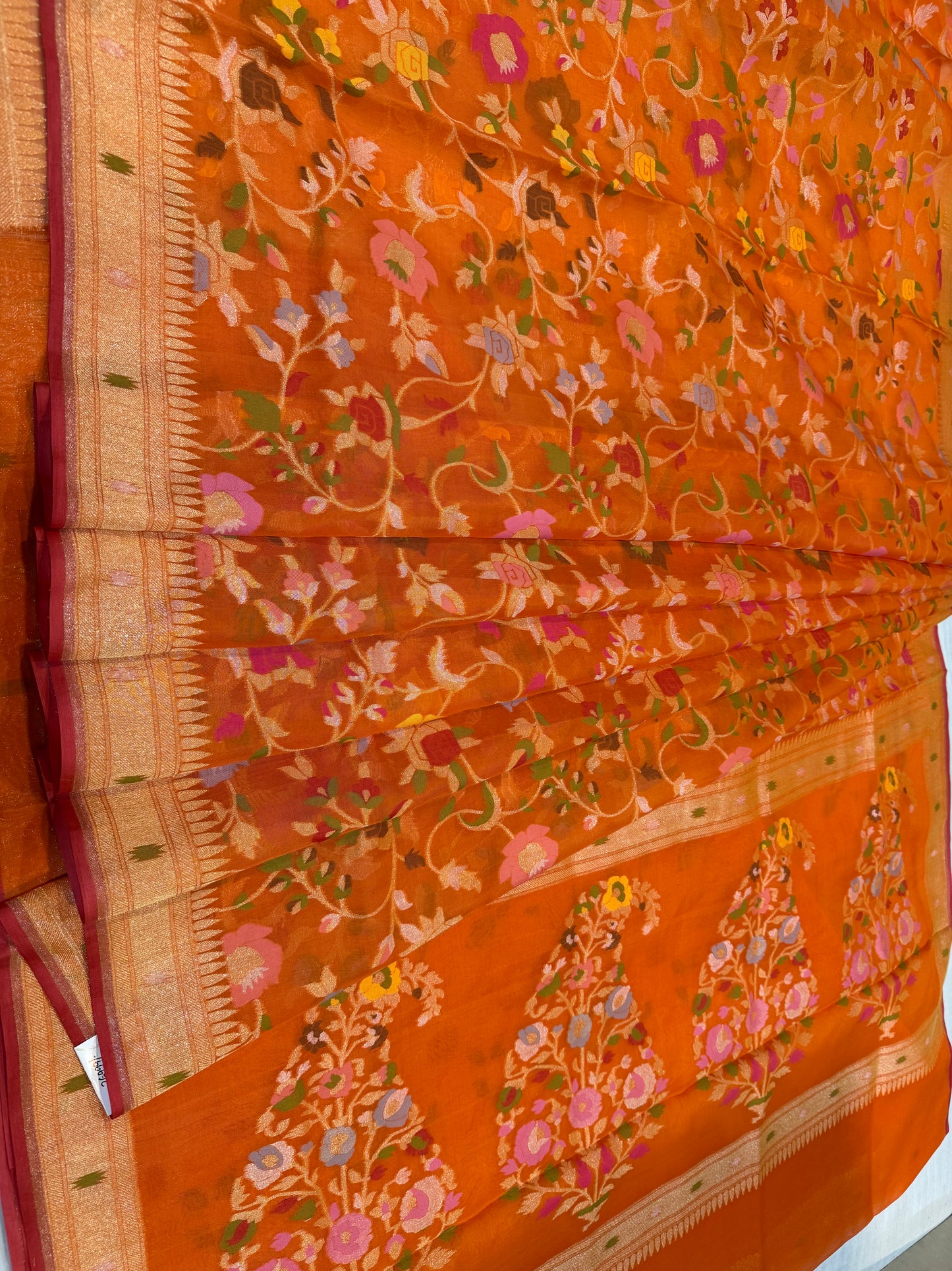 Orange Ektra kora silk Jamdani katwork Zari Border Anchal Mina Work Saree