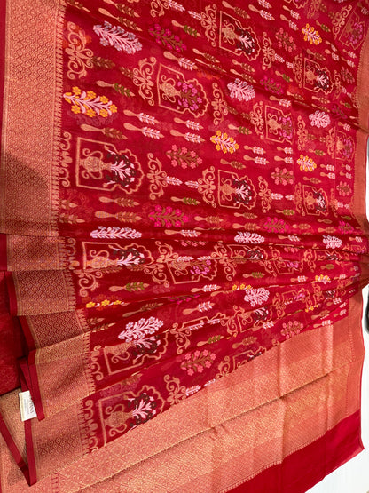 Red Ektra kora silk Jamdani katwork Zari Border Anchal Mina Work Saree