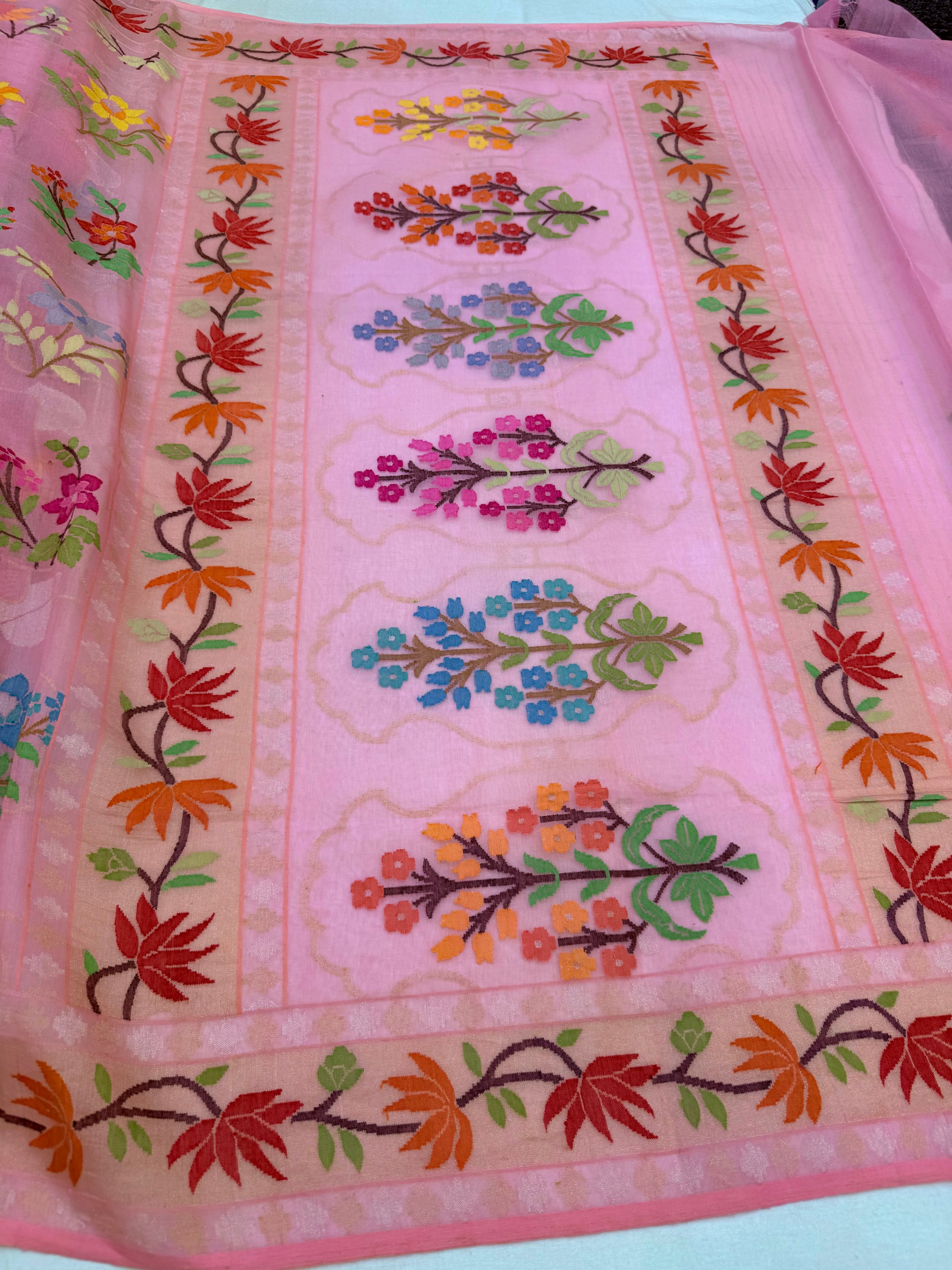Pinkish Pink   Pure Real Zari Cotton Jamdani Saree with Floral Weaving