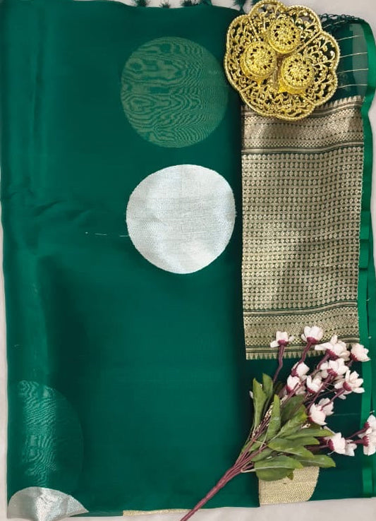 Bottal Green Kora Silk Kadhua Polka Dot Boota with Sona Rupa zari